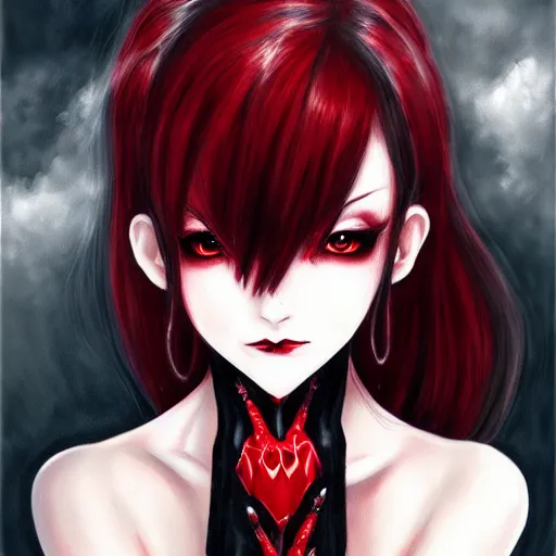 Image similar to beautiful seductive female vampire, draining blood from wrist, highly detailed, painting, dark red and black color palette, intricate, high quality, anime artstyle, in the style of sana takeda