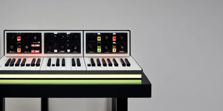 Prompt: dezeen showroom , minimalissimo, archdaily, , teenage engineering moad, mother of all decks, product design concept,product shot of moog melotron synthesizer with ipad gradient screen on top designed by jony ives, dieter rams, 8k, highly detailed photo