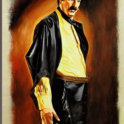 Image similar to vincent price as billionaire howard hughes in exotic fantasy satin robes and high collar, vivid, renaissance, illustration, dynamic and dramatic, highly detailed, rough paper, dark, oil painting