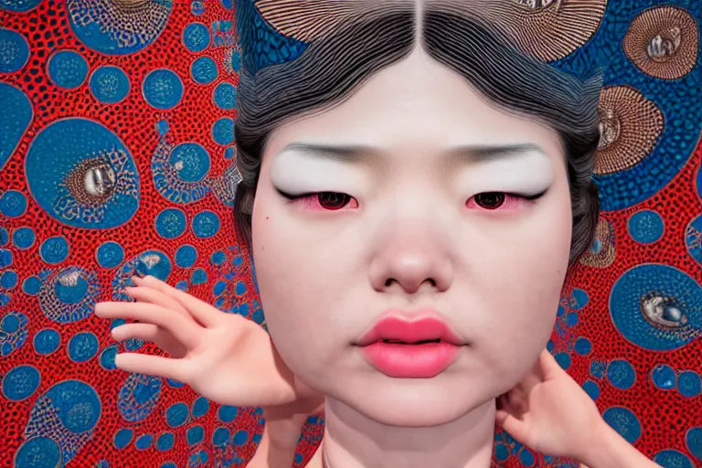 Image similar to hyperrealistic detailed image of a geisha laying in a art installation by yayoi kusama, part by kei mieno, part by alex gray, part by ross tran, part by james jean, ultra realistic, highly detailed, life like face, detailed body, 8 k, unreal engine 5, very cohesive