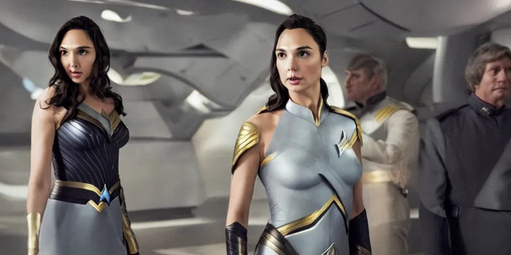 Image similar to Gal Gadot, in Starfleet uniform, in the role of Captain Kirk, with lots of Tribbles everywhere