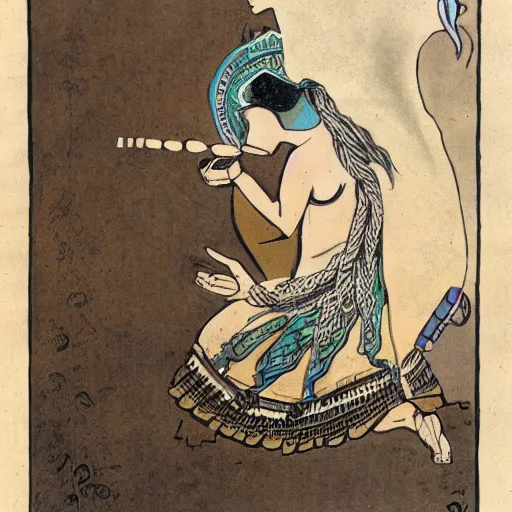 Image similar to a shaman playing a bone flute, a female air elemental coming out of the other end of a flute