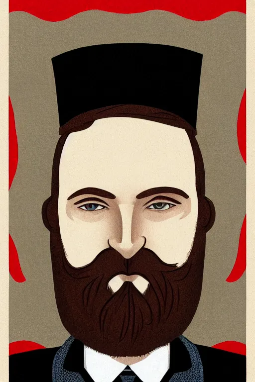 Image similar to an illustration of a portrait of a respectable dignified 1 9 3 0's era mennonite preacher with kind eyes and trimmed red beard and conservative haircut in the style of art - deco artwork art by kyle ferrin and loish!, digital art, highly detailed, intricate, sharp focus, trending on artstation hq, deviantart, 4 k uhd image