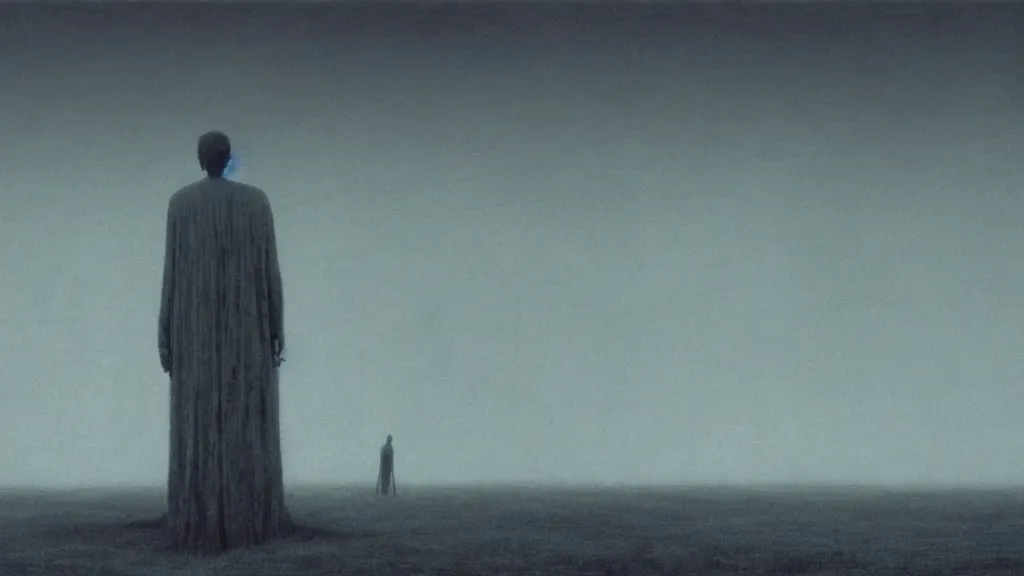 Prompt: a man filters his consciousness by Zdzisław Beksiński, film still, cinematic