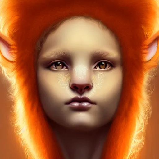 Image similar to Portrait of a girl angel with pale orange colored frizzy strands of illuminated hair, cat ears on her head, glowing halo, Lion's Mane, Lion's Gate, fantasy, intricate, elegant, highly detailed, digital painting, artstation, concept art, smooth, sharp focus, illustration, art by Krenz Cushart and Artem Demura and alphonse mucha