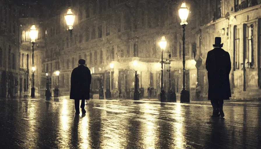 Prompt: Old man with his coat and hat walking In Brussels at night, wet ground, hyperdetailed, artstation, cgsociety, 8k