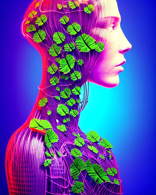 Prompt: beautiful young female cyborg with profile face got an orgasm, analog, big leaves foliage and stems, morning glory flowers, hibiscus flowers, boho floral vines, neon lights, hexagonal mesh fine wire, sinuous fine roots, alexander mcqueen, art nouveau fashion, steampunk, mandelbrot fractal, realistic photography, grainy image