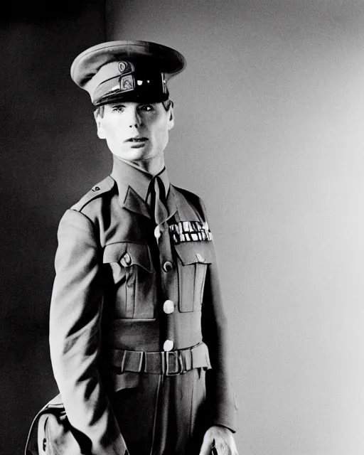 Prompt: cillian murphy in a world war ii uniform, black and white film photography