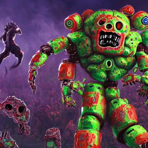 Prompt: panoramic vision of giant humanoid robot demon zombie overlord with gummie bears