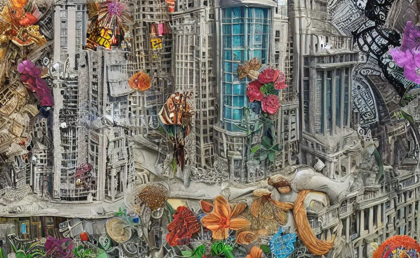 Prompt: hyperdetailed building, seen from the distance. maximalist paper river. with unexpected interesting elaborate fabric elements. 8 x 1 6 k hd mixed media 3 d collage in the style of a childrenbook illustration in soft natural tones. matte background no frame hd