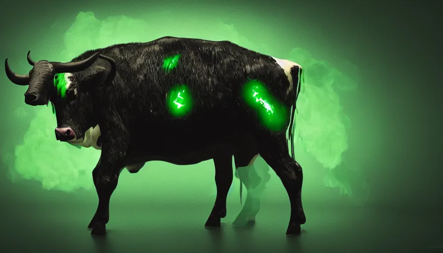Image similar to mutant cow, green smoke, green light, dark background, horror, hyperdetailed, artstation, cgsociety, 8 k