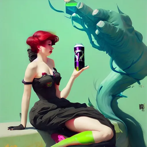 Image similar to girl drinks monster energy, organic painting, matte painting, bold shapes, hard edges, street art, trending on artstation, by huang guangjian and gil elvgren and sachin teng