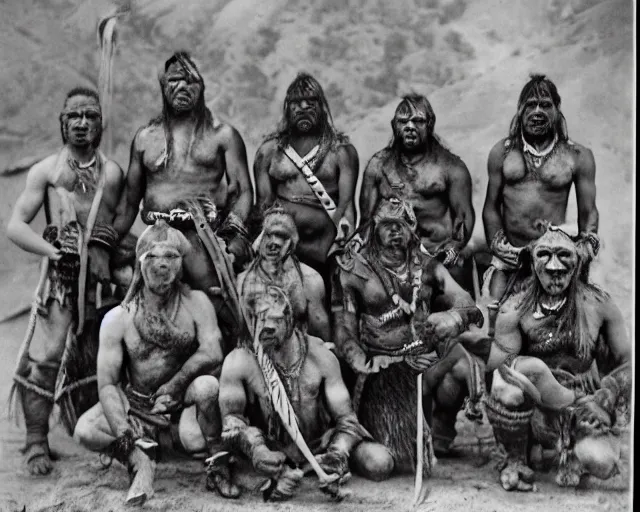 Image similar to group vintage photograph of a warrior orc tribe with a human explorer, highly detailed