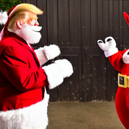 Image similar to photo of Donald Trump wearing a Santa Claus outfit getting in a fist fight with the Easter Bunny, 4k