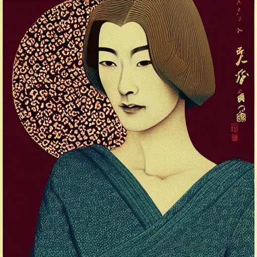 Image similar to “ rosamund pike portrait by ikenaga yasunari and ayana otake and ko rakusui, 6 0 s poster, drawing, realistic, sharp focus, japanese, dreamy, nostalgia, faded, golden hues, floral clothes ”