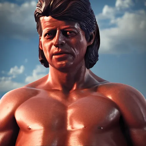 Image similar to john f kennedy as an amazon warrior, muscles, muscles, 4 k, octane render, volumetric lighting, unreal engine, raytacing