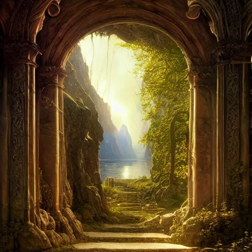 Prompt: a beautiful and highly detailed matte painting of an ancient elven doorway to avalon, epic scale, insanely complex, hyperdetailed, sharp focus, hyperrealism, artstation, cgsociety, 8 k, by caspar friedrich, albert bierstadt, james gurney, brian froud,