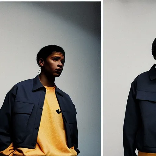 Prompt: realistic photoshooting for a new nike acg lookbook, color film photography, portrait of a beautiful woman, model is wearing a workwear jacket, photo in style of tyler mitchell, 3 5 mm,
