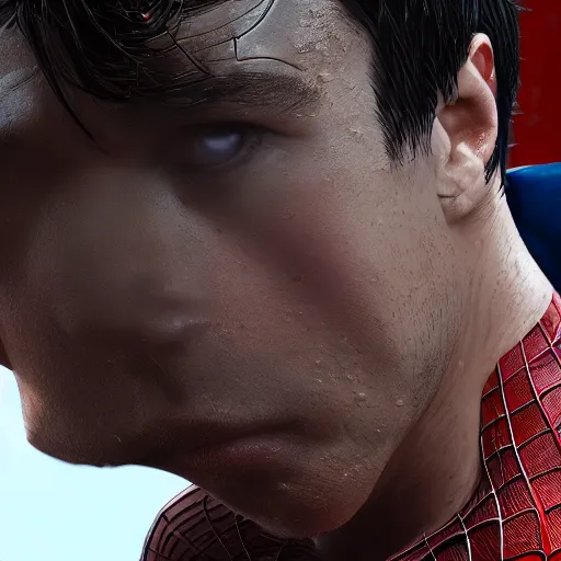 Image similar to Peter Parker as Spiderman , wet face , heavy rain ,dramatic, intricate, highly detailed, concept art, smooth, sharp focus, illustration, Unreal Engine 5, 8K