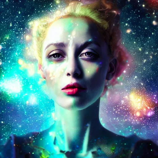 Prompt: woman portrait made out of galaxies floating in space, saturn, highly detailed, beautiful, realistic, tim burton comic book art, unreal engine, octane render, sharp focus