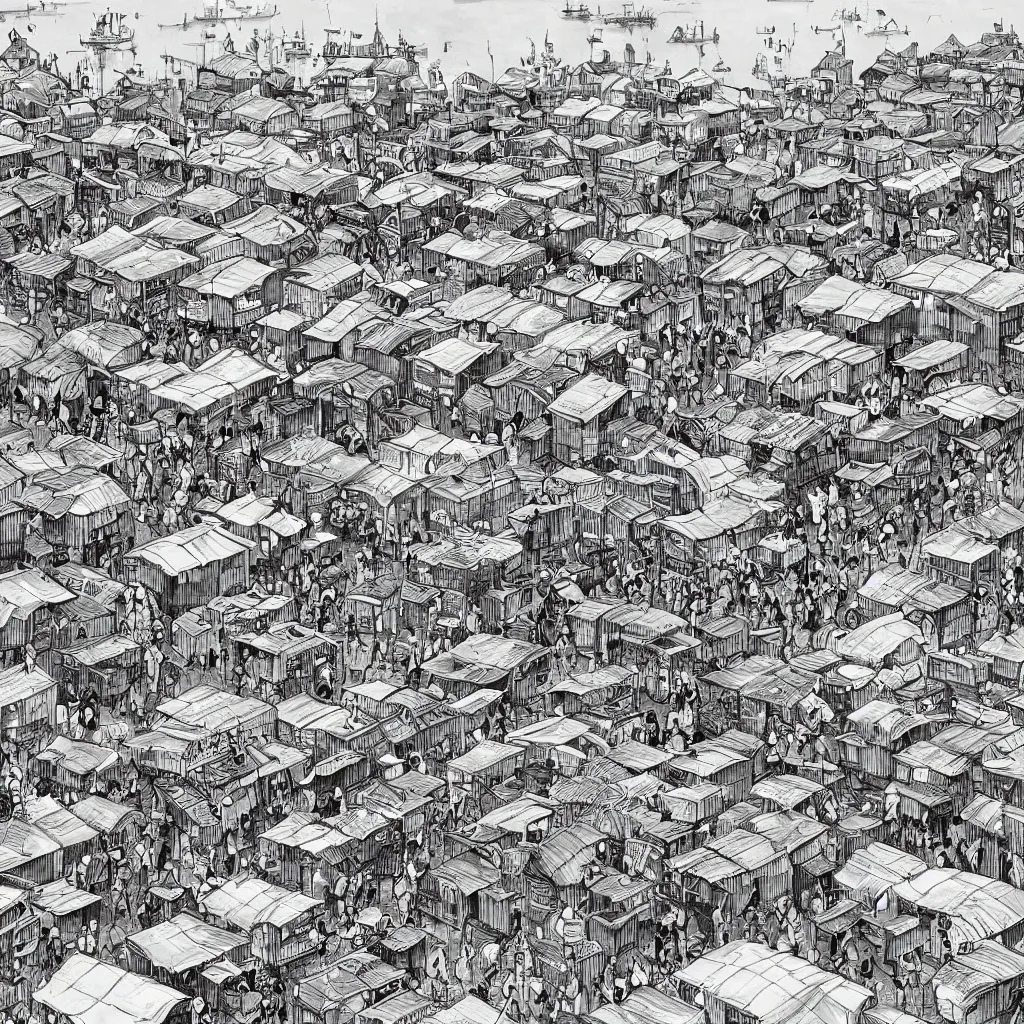 Image similar to a black and white drawing of a busy fish market stretching to the horizon, a storybook illustration by mattias adolfsson, behance contest winner, modern european ink painting, matte drawing, storybook illustration, panoramic, isometric