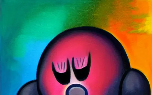 Image similar to Kirby threatening with a knife, oil painting on canvas, detailed, soft lighting