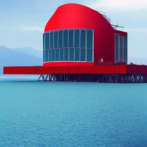 Prompt: steel structure architecture building in the middle of sea with a volcano background, red ship, blue color scheme, realistic, 8 k, artstation.