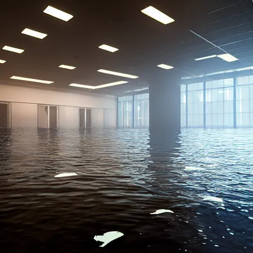 Prompt: photo of a classroom, the floor is flooded with one meter deep water. eerie, volumetric lighting