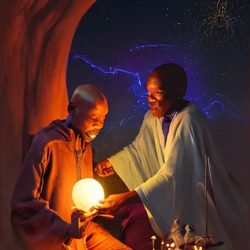 Prompt: an elder african psychic man showing a small boy a crystal ball while holding a book of spells under a meteor shower, greg rutkowski and android jones and amanda sage, oil on canvas, 8k