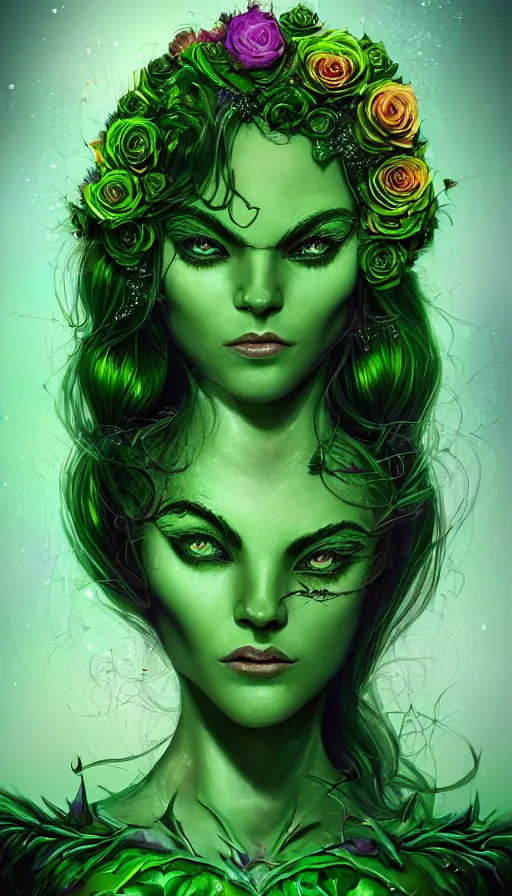 Prompt: portrait of magical green goblin female , dark fantasy, gradient green black, intricated, plants, roses, spikes, dreamy and ethereal, (colour) eyes, one head, golden ratio, peaceful expression, ornate frilly dress, fantasy, intricate, elegant, rainbow bubbles, highly detailed, digital painting, artstation, concept art, smooth,b sharp focus, illustration, art by artgerm and greg rutkowski and alphonse mucha