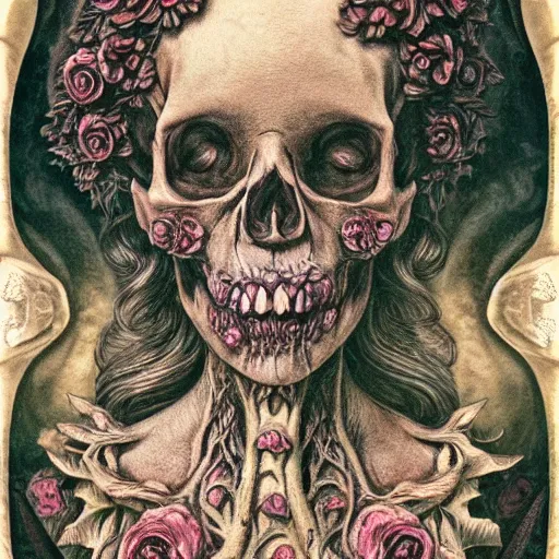 Image similar to a beautiful detailed front view rococo portrait of a rotten woman corpse becoming almost a skull with fractal plants and fractal flowers and mushrooms growing around, intricate, ornate, volumetric light, beautiful lit, polaroid photography, the northman