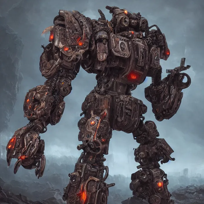 Image similar to mech warrior bot, hyper - detailed, octane render, sharp focus, 4 k ultra hd, fantasy dark art, apocalyptic art