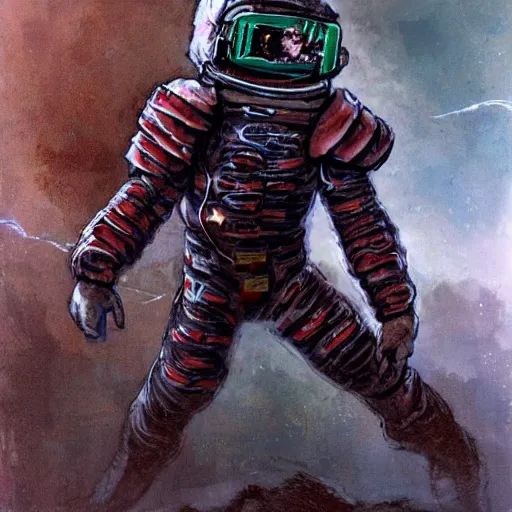 Prompt: Dead Space spacesuit, on a spacewalk, in the style of Frank Frazetta and Moebius