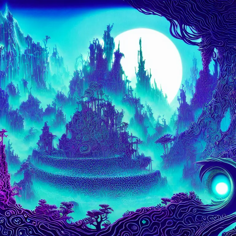 Image similar to mysterious eyeball hovers over mythical crystal temple, fractal waves, synthwave, bright neon colors, highly detailed, cinematic, eyvind earle, tim white, philippe druillet, roger dean, ernst haeckel, lisa frank, aubrey beardsley
