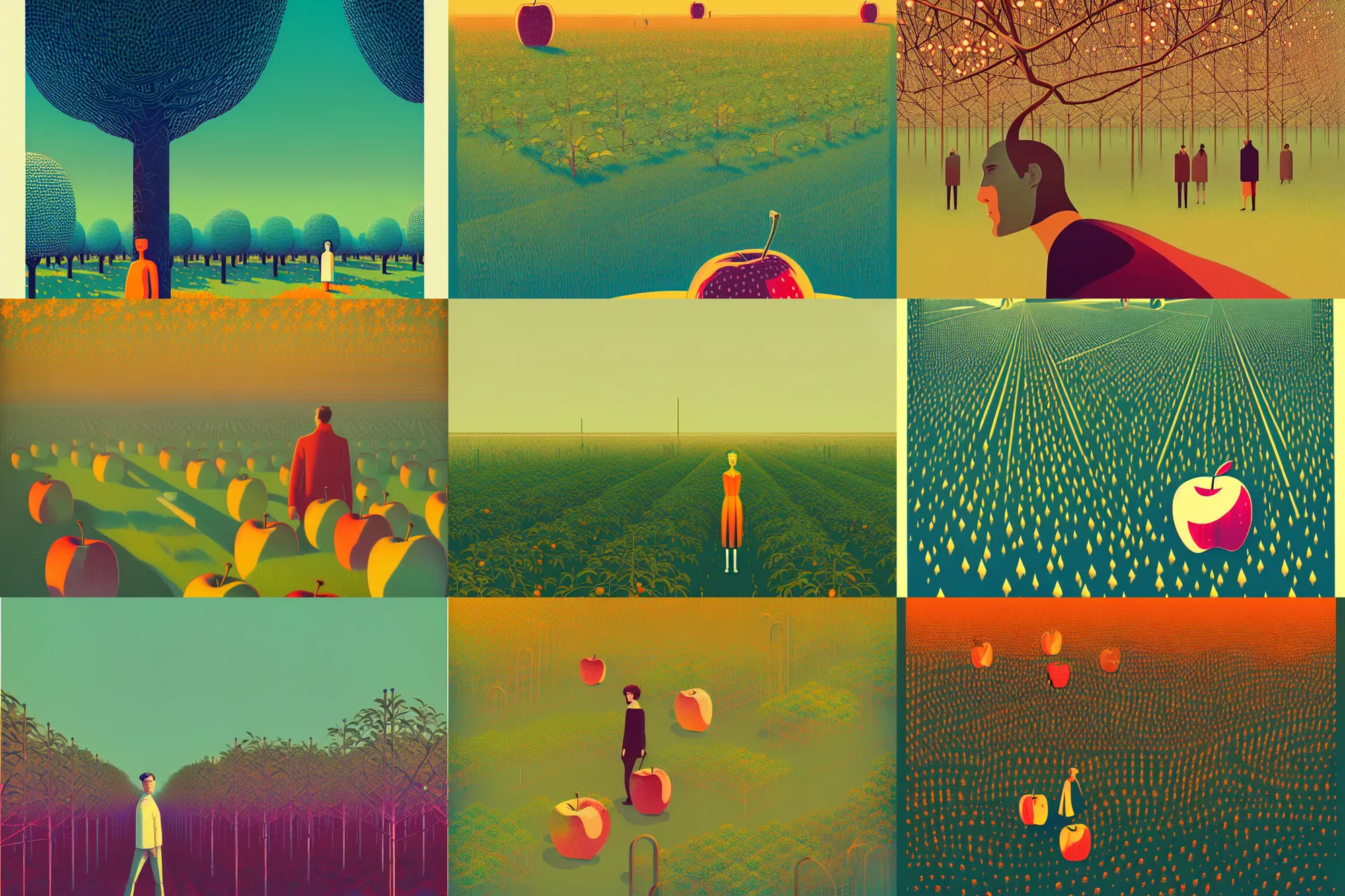 Prompt: ( ( dither ) ), editorial illustration portrait of an apple orchard, modern art deco, ( ( mads berg ) ), christopher balaskas, victo ngai, rich grainy texture, detailed, dynamic composition, wide angle, matte print, art nouveau, unreal engine