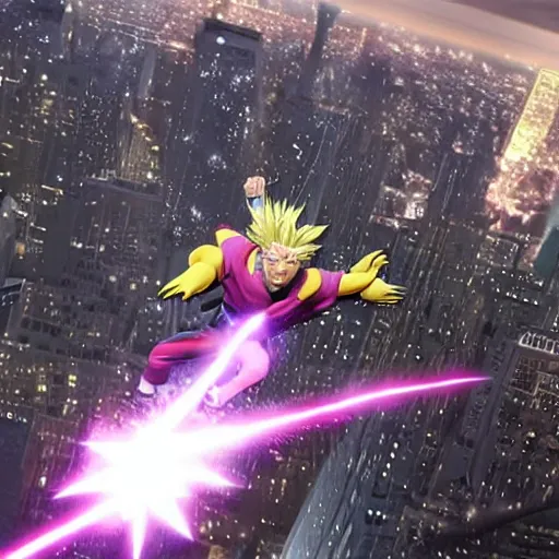 Image similar to photo realistic super sayan trump flying in the sky and prepare a kamehameha above new york city. high details, intricate, unreal engine 5.