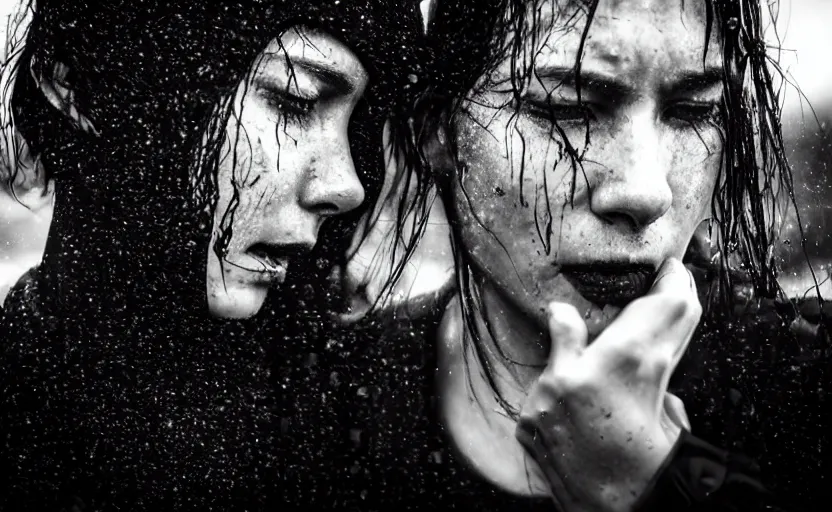 Image similar to cinestill 5 0 d candid photographic portrait by christopher nolan of two loving female androids sobbing wearing rugged black mesh techwear in treacherous waters, extreme closeup, modern cyberpunk moody emotional cinematic, pouring rain menacing lights shadows, 8 k, hd, high resolution, 3 5 mm, f / 3 2, ultra realistic faces, ex machina