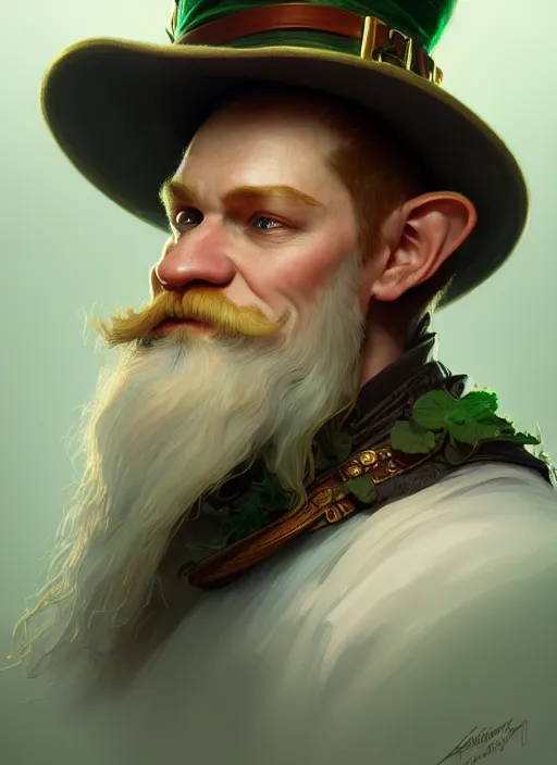 Image similar to portrait of leprechaun, intricate, elegant, highly detailed, digital painting, artstation, concept art, smooth, sharp focus, illustration, art by artgerm and greg rutkowski and alphonse mucha, 8 k