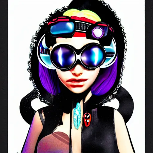 Prompt: cybergoth girl wearing goggles and eclectic jewelry, by jamie hewlett,