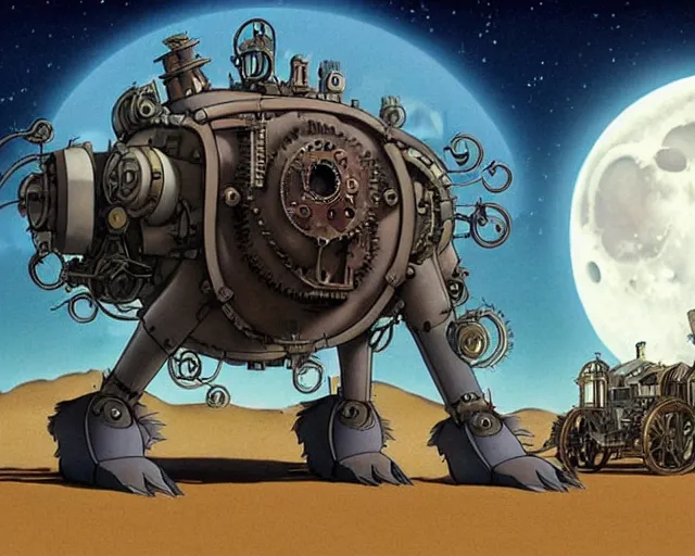 Prompt: a mechanical blueprint of a lovecraftian mechanized wolf from howl's moving castle ( 2 0 0 4 ), with a big head, in a war - torn desert village, wide shot, in front of a big moon, muted colors, post grunge, studio ghibli, hq, art by artgem