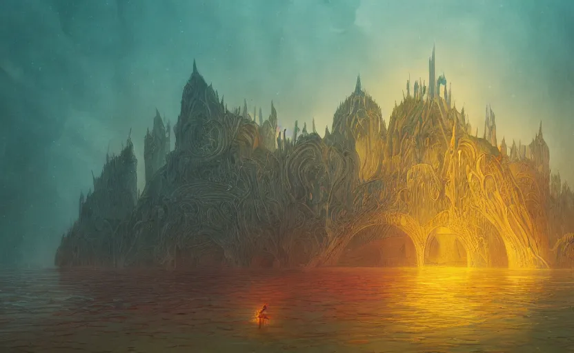 Prompt: by Moebius , landscape of mystic dark cult deep underwater, monumental giant palace, near by dreaming giant dragon with chameleon scales soft light through dark waters, red+yellow colours, high quality details, one point perspective, denoise deep depth of field