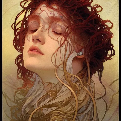 Image similar to A face made out of jellyfish, bio art by alphonse mucha and greg rutkowski, highly detailed, digital painting, concept art, illustration, dim lighting, trending on artstation, very detailed, smooth, sharp focus