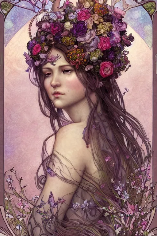 Prompt: full length portrait of a beautiful mysterious fairy with flowery headgear, hands hidden by bouquet of flowers, by eve ventrue, artgerm, thomas kinkade. art nouveau. tarot card by mucha. gloomhaven. swirly intricate linework background. gaudy colors, sharp edges. octane render