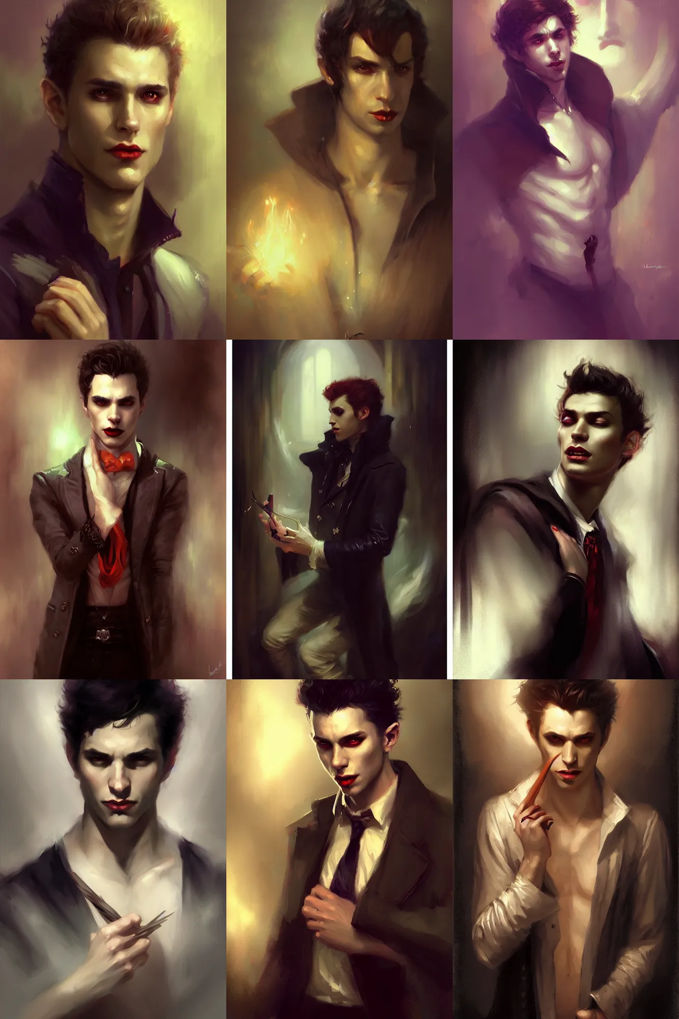 Prompt: portrait attractive young male vampire, midnight, spell casting, painting by bastien lecouffe deharme, vladimir volegov, j. c. leyendecker, tom of finland and rembrandt, trending on artstation