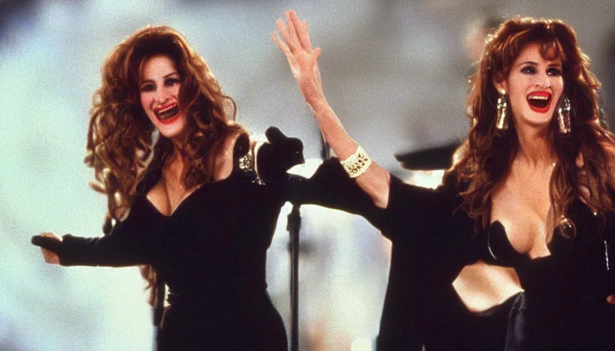 Prompt: Julia Roberts as Selena! singing!! on a stage, 1995 movie, cinematic