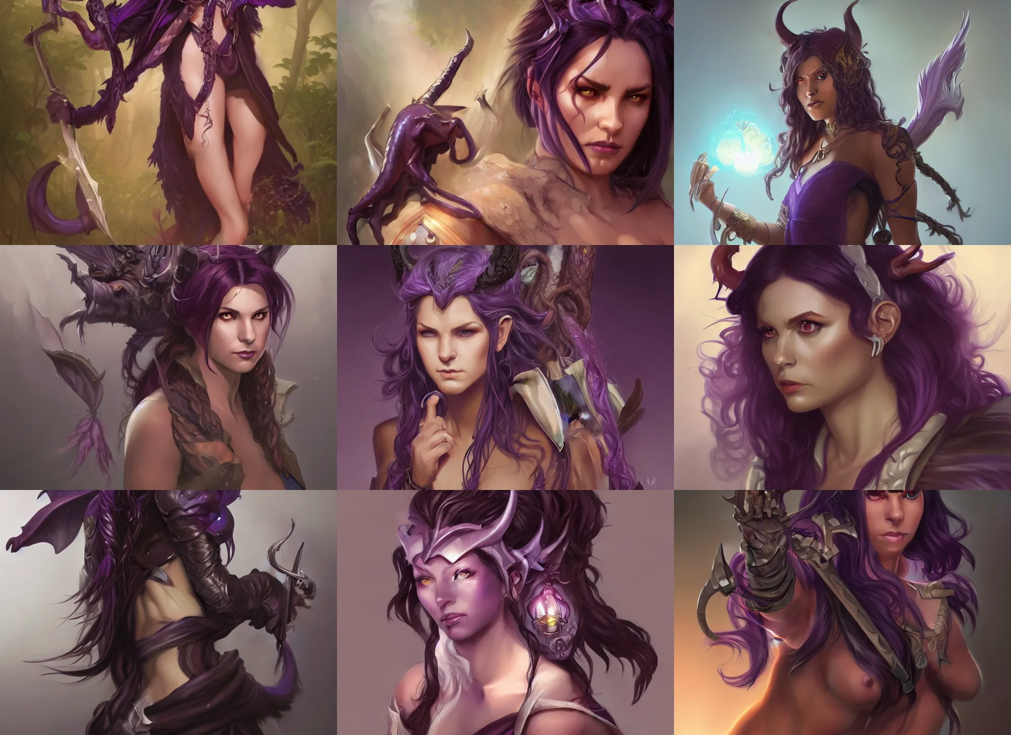 Image similar to Attractive Tiefling Druid, She has light brown skin, dark purple hair, and silver eyes full body, dungeons and dragons portrait, highly detailed, digital painting, artstation, concept art, sharp focus, illustration, art by artgerm and greg rutkowski and alphonse mucha