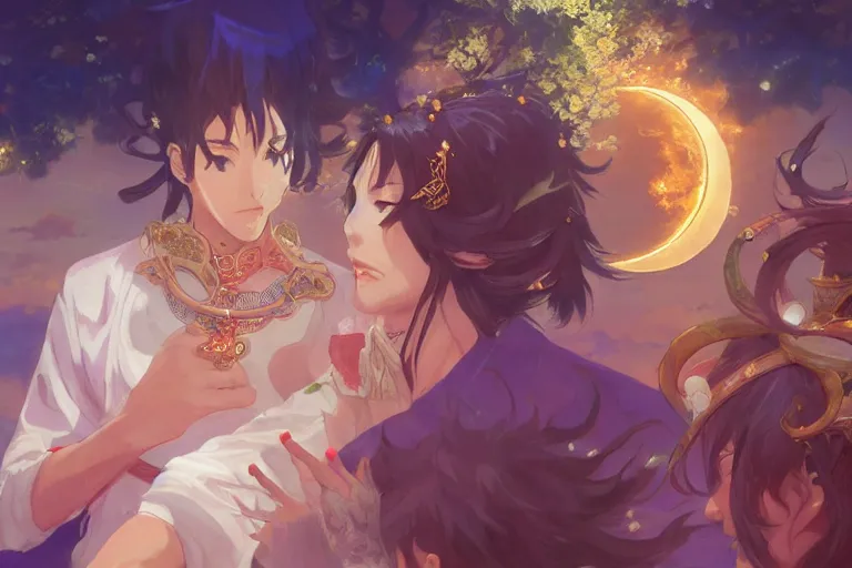 Image similar to close up moment of a divine a japan sun god and a moon goddess lovers magician at a wedding banquet, highly detailed, d & d, fantasy, 4 k realistic, digital painting, trending on artstation, concept art, sharp focus, illustration, art by makoto shinkai and akihiko yoshida and daniel gerhartz