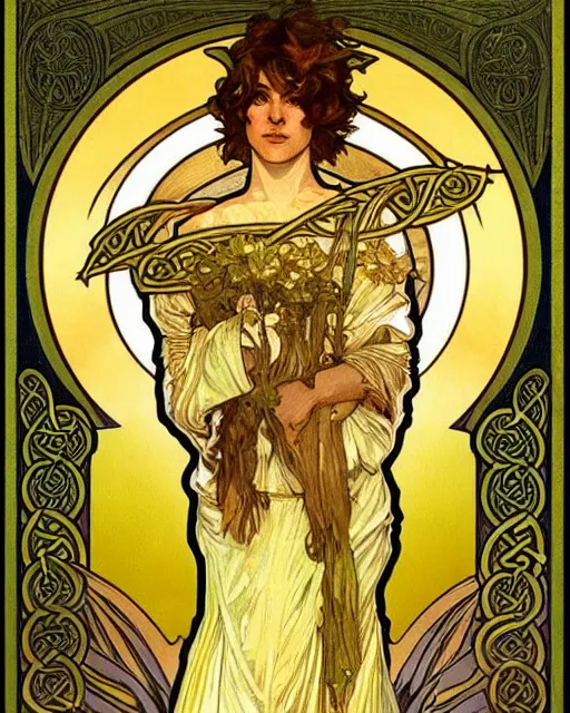 Image similar to an art nouveau painting of a the celtic god lugh, beautiful, shining sun, highly detailed, intricate, artstation, by alphonse mucha and james gurney