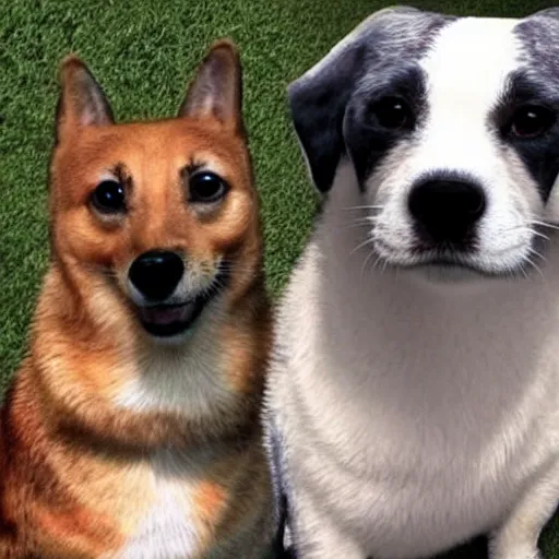 Prompt: 2 realistic cartoon dogs sitting back to back, award winning photo, cool, sharp focus, doge, much wow, memes - 4