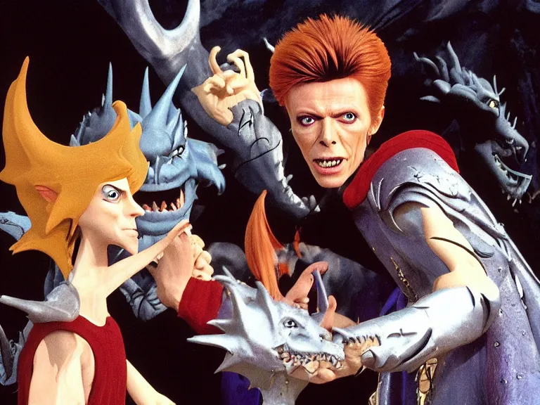 Prompt: David Bowie faces dragonlord gristletooth, still from David Bowie and the dragon lords, animated feature, in the style of don bluth, 1981, blu ray transfer, 8k